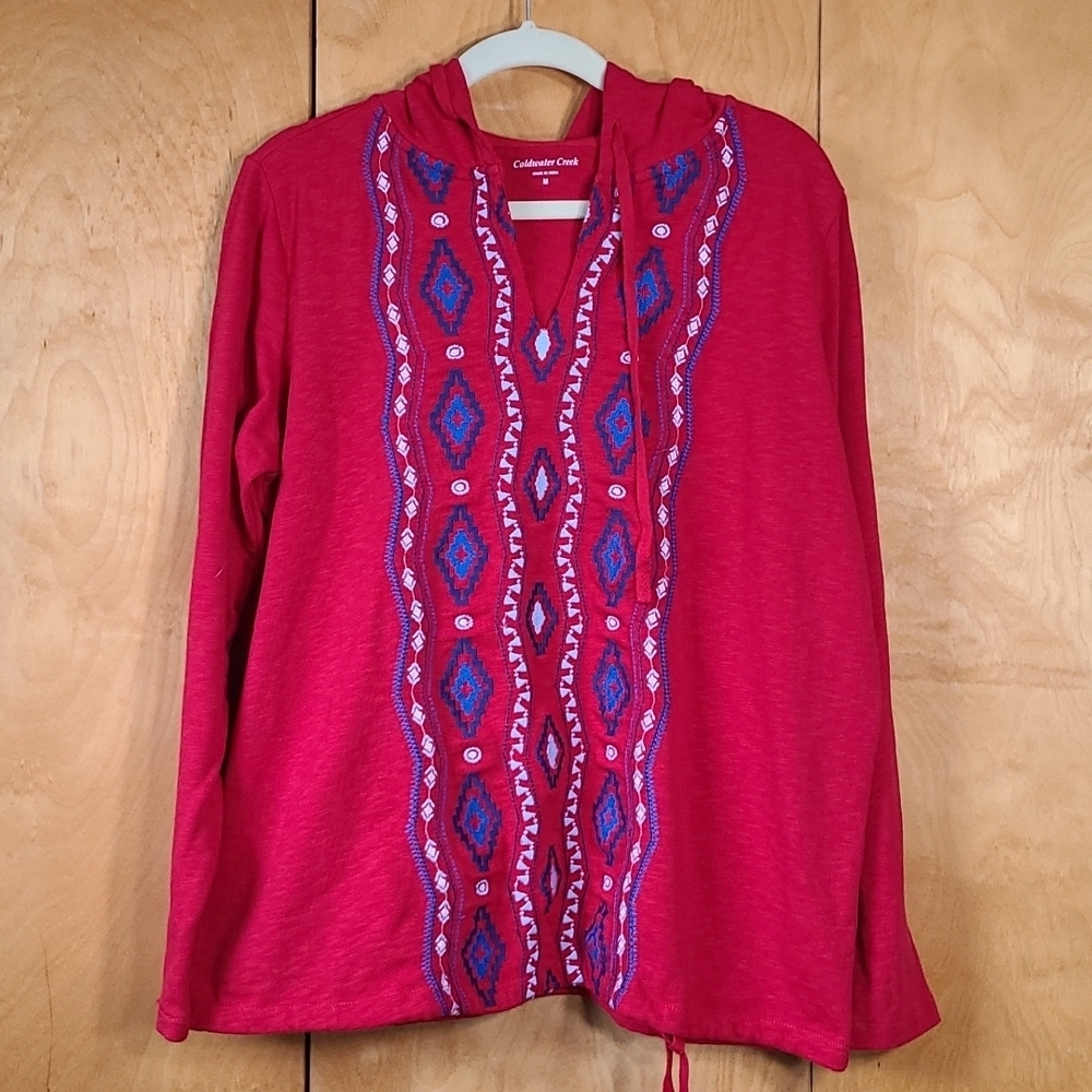 Coldwater Creek embroidered hoodie in vibrant red and blue * M